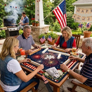 May include: A group of people playing Mahjong at an outdoor table decorated with a patriotic fireworks design. The table is set for a 4th of July celebration, with American flags and festive decorations.