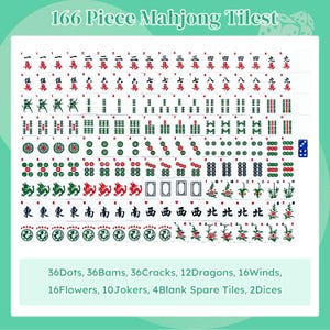 K&ouml;nnte beinhalten: Ein 166-teiliges Mahjong-Spielset mit Schriftzeichen, Punkten, Bambus, Drachen, Winden, Blumen und Jokern. Das Set enth&auml;lt 36 Punkte, 36 Bambus, 36 Schriftzeichen, 12 Drachen, 16 Winde, 16 Blumen, 10 Joker, 4 leere Ersatzsteine und 2 blaue W&uuml;rfel.