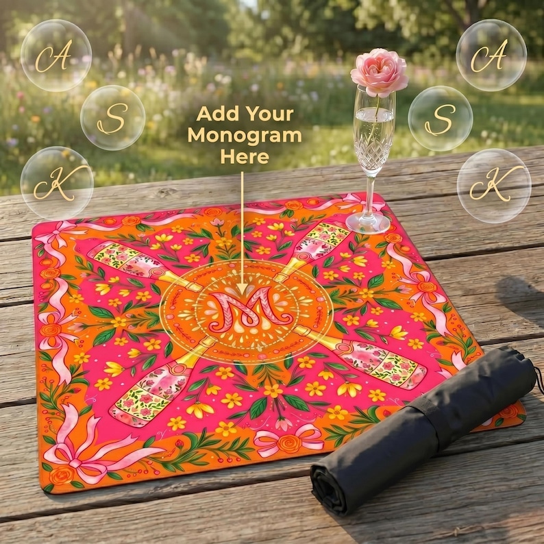 K&ouml;nnte beinhalten: Eine leuchtend rosa-orangefarbene Picknickdecke mit Blumen- und Champagnerflaschen-Design. Die Decke hat eine aufgerollte schwarze Tragetasche. Auf der Decke steht "Add Your Monogram Here". Ein Glas Champagner mit einer rosa Rose steht auf dem Holztisch.