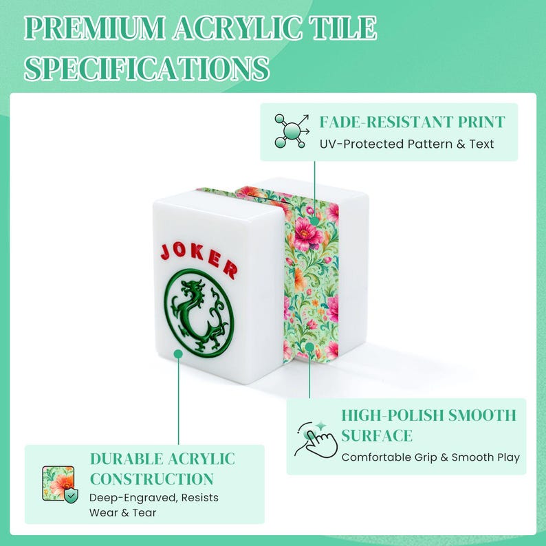 K&ouml;nnte beinhalten: Zwei wei&szlig;e Acryl-Mahjong-Spielsteine mit einem gr&uuml;nen Drachenemblem und dem roten Schriftzug JOKER. Die Spielsteine zeigen an der Seite ein florales Muster mit rosa und orangefarbenen Blumen auf gr&uuml;nem Grund. Textbeschriftungen weisen auf die langlebige Konstruktion, den lichtbest&auml;ndigen Druck und die hochglanzpolierte, glatte Oberfl&auml;che hin.