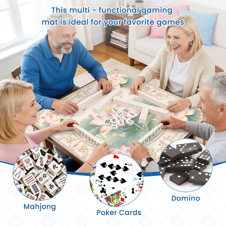 Puede incluir: Una alfombra de juego multifuncional con un dise&ntilde;o floral, con gente jugando al Mahjong. Im&aacute;genes adicionales muestran naipes y domin&oacute;. El texto en la alfombra dice "This multi - functional gaming mat is ideal for your favorite games."