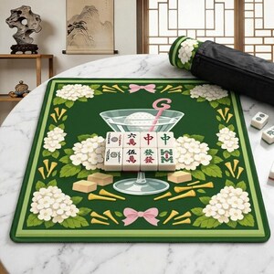 Peut inclure: Tapis de Mahjong vert avec un motif floral, un verre &agrave; cocktail et des tuiles de Mahjong. Le tapis pr&eacute;sente des fleurs blanches, des n&oelig;uds roses et des tees de golf jaunes. Un &eacute;tui de transport noir est visible.