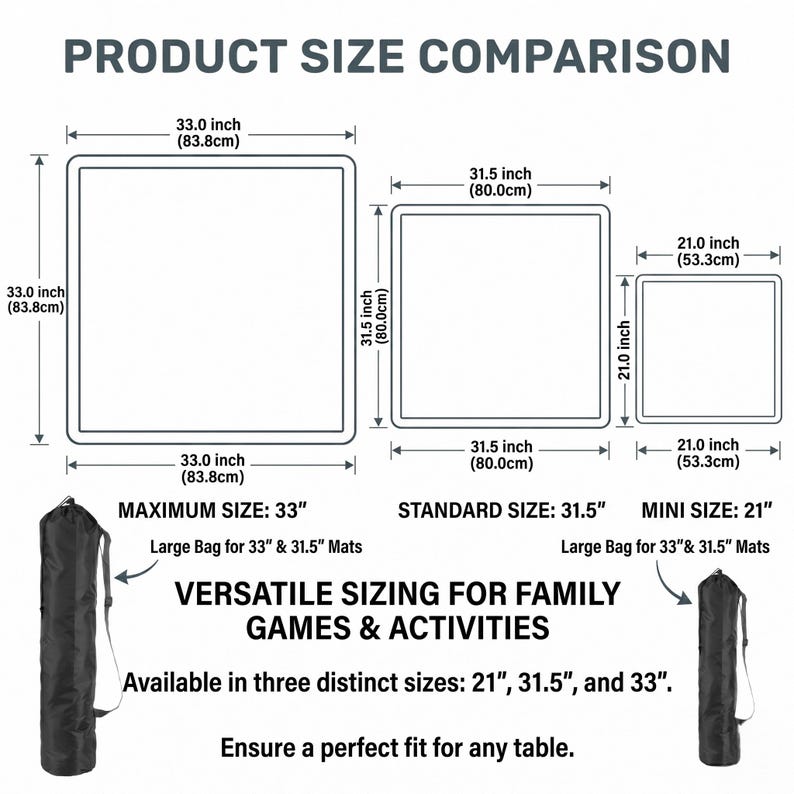 May include: Product size comparison chart showing three square mats: 33-inch, 31.5-inch, and 21-inch. The image includes the text "Versatile Sizing for Family Games & Activities" and "Available in three distinct sizes: 21", 31.5", and 33".