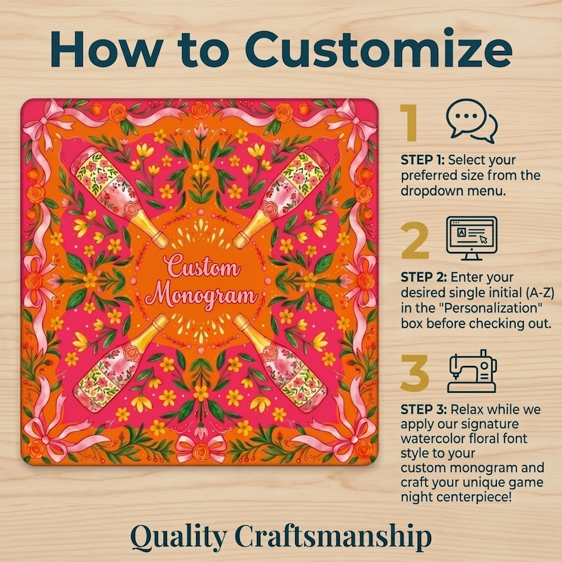 K&ouml;nnte beinhalten: Ein quadratisches, farbenfrohes Spielabend-Mittelst&uuml;ck mit floralem Design und Champagnerflaschen. Die Texte "How to Customize" und "Custom Monogram" werden angezeigt. Anweisungen zur Personalisierung werden bereitgestellt.
