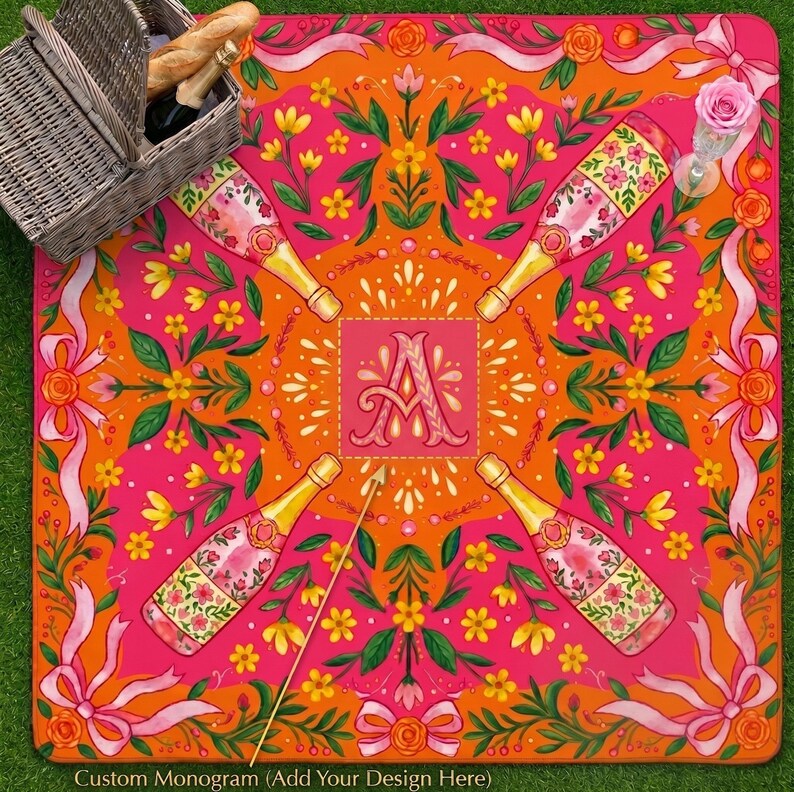 K&ouml;nnte beinhalten: Eine lebendige Picknickdecke in Pink und Orange mit Blumen- und Banddesign. Die Decke zeigt vier Champagnerflaschen, gelbe Blumen und ein zentrales Monogramm. Ein Picknickkorb mit Essen befindet sich in der oberen linken Ecke. Der Text "Custom Monogram (Add Your Design Here)" befindet sich unten.
