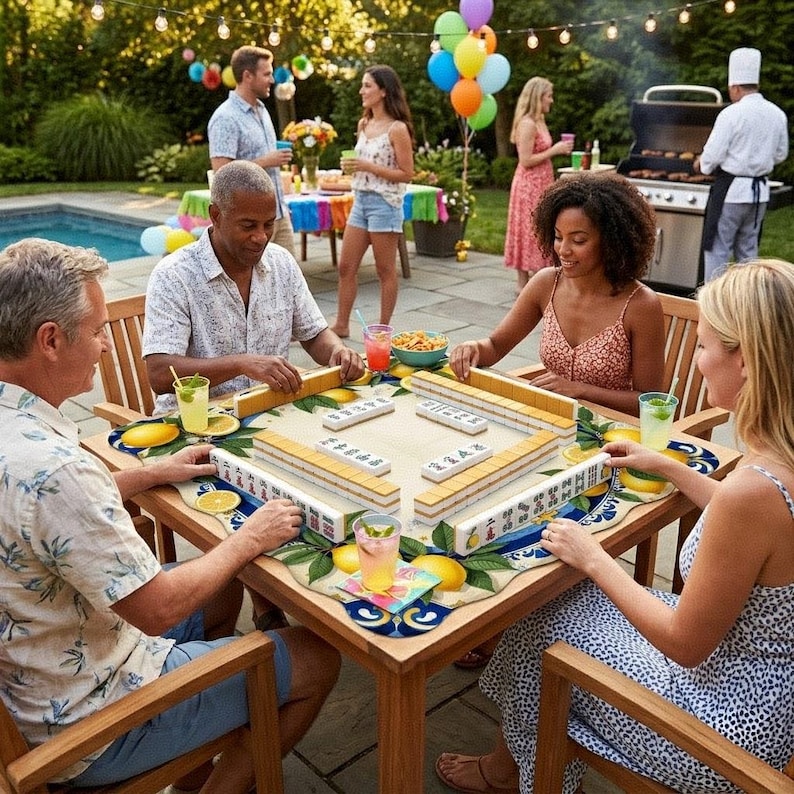 K&ouml;nnte beinhalten: Szene einer Gartenparty mit Menschen, die Mahjong an einem Holztisch spielen. Der Tisch ist mit Spielsteinen und Getr&auml;nken gedeckt. Weitere G&auml;ste sind im Hintergrund in der N&auml;he eines Pools und eines Grills.