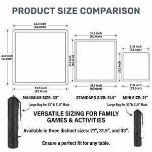 May include: Product size comparison chart showing three square mats: 33-inch, 31.5-inch, and 21-inch. The chart includes measurements in inches and centimeters, along with carrying bags. Text reads: "Versatile Sizing for Family Games & Activities."