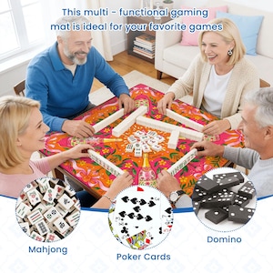 May include: A multi-functional gaming mat with a colorful floral design. The mat is being used by four people playing Mahjong. Other games shown are poker cards and dominoes. Text on the mat reads: "This multi-functional gaming mat is ideal for your favorite games."