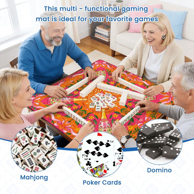 May include: A multi-functional gaming mat with a colorful floral design. The mat is being used by four people playing Mahjong. Other games shown are poker cards and dominoes. Text on the mat reads: "This multi-functional gaming mat is ideal for your favorite games."