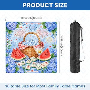 May include: A square game mat, 31.5 inches (80cm) on each side, with a picnic basket, watermelon slices, and mahjong tiles. The mat has a blue floral and fireworks design. A black carrying bag is included. The text reads "PRODUCT SIZE" and "Suitable Size for Most Family Table Games."