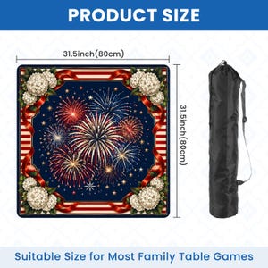 May include: A square table cover, 31.5 inches (80cm) on each side, featuring a fireworks design on a navy blue background. The cover is decorated with white flowers and red ribbons. A black carrying bag is included.
