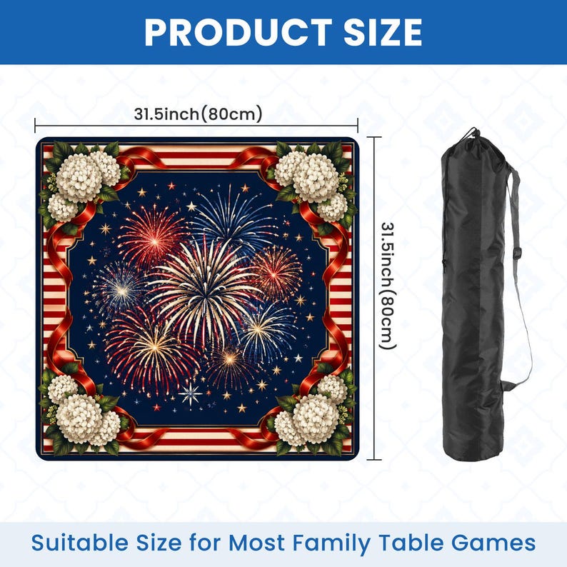 May include: A square table cover, 31.5 inches (80cm) on each side, featuring a fireworks design on a navy blue background. The cover is decorated with white flowers and red ribbons. A black carrying bag is included.