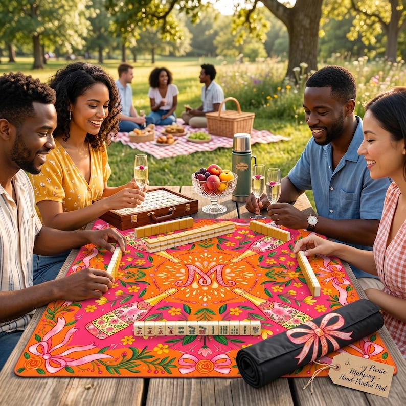 May include: A group of people are gathered around a wooden table playing Mahjong outdoors. The table has a vibrant pink and orange printed mat with a floral and champagne bottle design. A rolled-up black mat with a bow and tag is on the table.