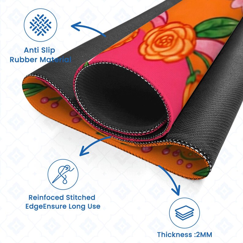 May include: Rolled-up mousepad with a floral design featuring orange roses and pink accents. The mousepad has a black anti-slip rubber base and reinforced stitched edges. The thickness is 2mm.