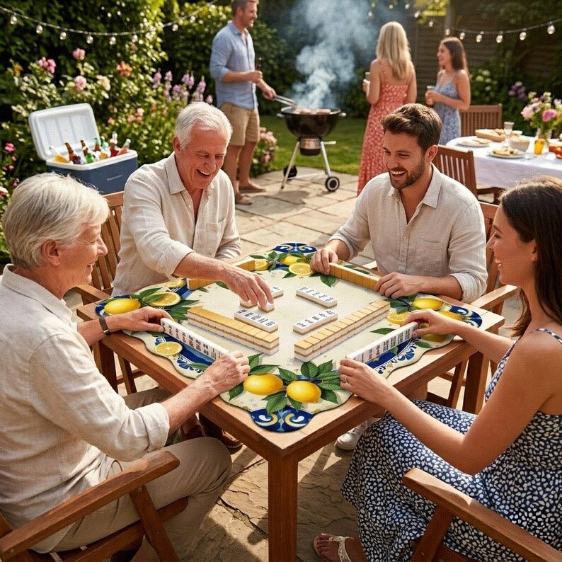 K&ouml;nnte beinhalten: Eine Gruppe spielt Mahjong an einem Holztisch im Freien. Der Tisch hat ein dekoratives Zitronen- und Bl&auml;tterdesign. Im Hintergrund sind weitere Personen zu sehen, einige grillen und andere unterhalten sich. Eine K&uuml;hlbox mit Getr&auml;nken ist ebenfalls sichtbar.