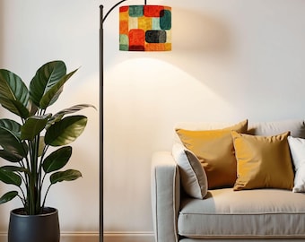 Mid Century Modern Floor Lamp, Standing Lamp with 3 Color Temperatures Bulb & Adjustable Linen Shade, Arc Tall Lamp for Living Room, Black