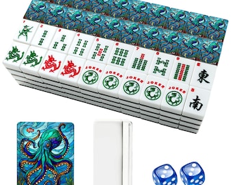 Blaues Amerikanisches Mahjong-Fliesenset, Vintage-Chinoiserie-Marineleben-Acrylfliese, Pastell-Oktopus-Mädchenspiel-Nachtdekor, einzigartiges Geschenk für Mamma
