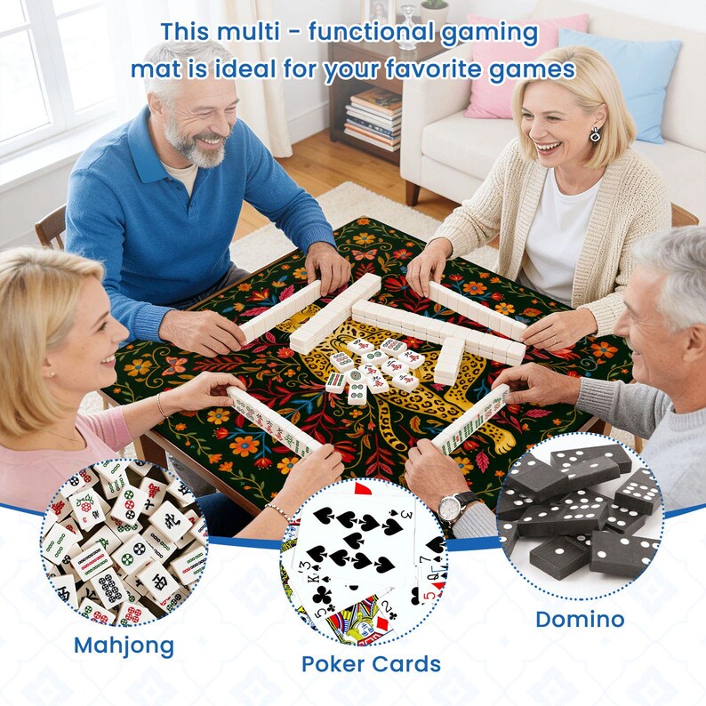 Puede incluir: Una alfombra de juego multifuncional con un colorido dise&ntilde;o floral y animal. La imagen muestra a personas jugando al Mahjong, al p&oacute;quer y al domin&oacute; sobre la alfombra. El texto en la imagen dice: "This multi - functional gaming mat is ideal for your favorite games."