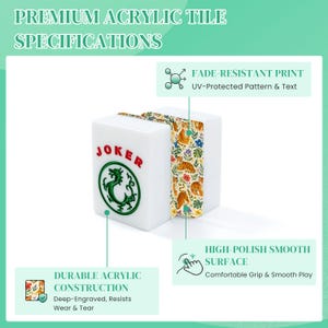 May include: A white acrylic mahjong tile featuring a green dragon emblem and the red text JOKER on the front face. The side of the tile displays a colourful pattern of tigers, flowers, and leaves. Text labels highlight features like fade-resistant print, durable acrylic construction, and a high-polish smooth surface for the tile.