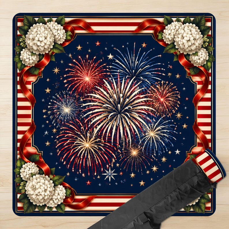 May include: A square rug with a patriotic theme. The rug features a dark blue background with a fireworks display in red, white, and blue. White flowers and red ribbons adorn the corners. A black carrying case is visible in the lower right corner.