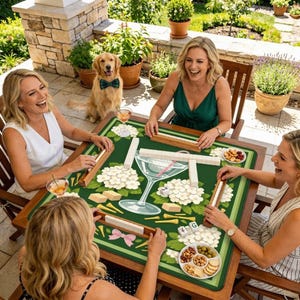 Peut inclure: Quatre femmes jouent au mahjong autour d'une table en bois. La table a une surface verte avec un motif floral et un design de cocktail. Un golden retriever avec un n&oelig;ud papillon est &agrave; proximit&eacute;. Des collations et des boissons sont sur la table.