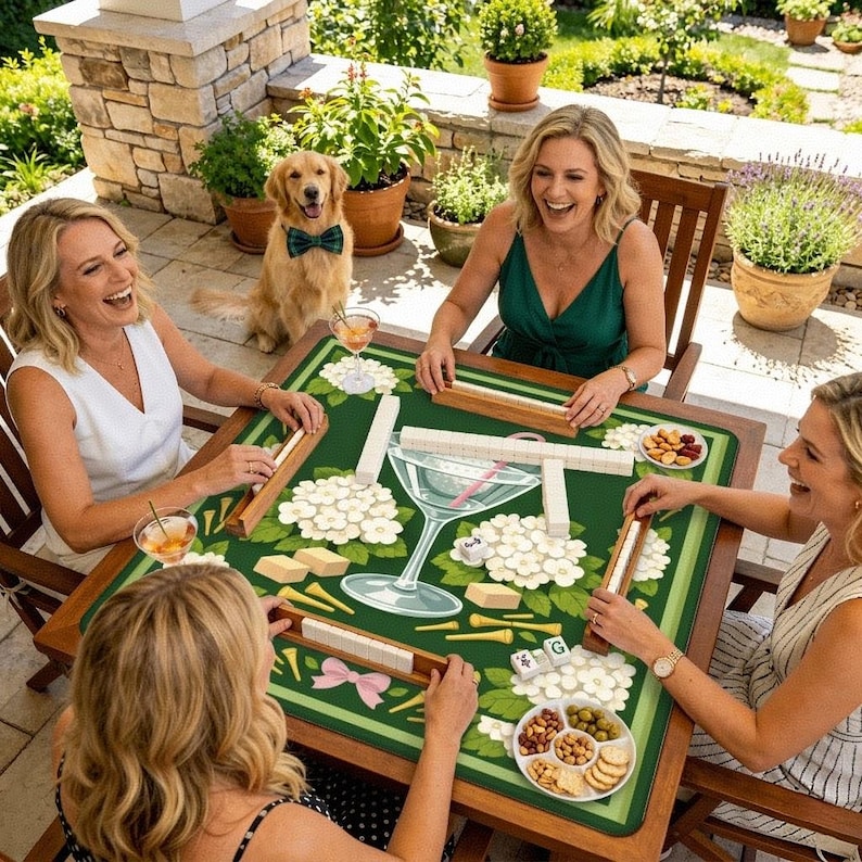 Peut inclure: Quatre femmes jouent au mahjong autour d'une table en bois. La table a une surface verte avec un motif floral et un design de cocktail. Un golden retriever avec un n&oelig;ud papillon est &agrave; proximit&eacute;. Des collations et des boissons sont sur la table.