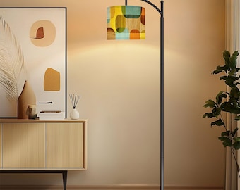 Mid Century Modern Arc Floor Lamp, Dimmable LED, Linen Shade