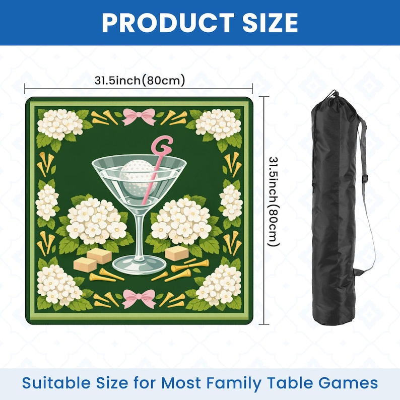 Peut inclure: Un tapis de jeu vert, carr&eacute; de 80 cm, repr&eacute;sentant un verre &agrave; martini avec une balle de golf et un b&acirc;tonnet rose, entour&eacute; de fleurs blanches et de tees de golf. Comprend un sac de transport noir. Le texte indique "PRODUCT SIZE" et "Suitable Size for Most Family Table Games."