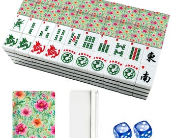 Green American Mahjong Tiles Set, Vintage Chinoiserie Pink Floral Acrylic Tile, Pastel Botanical Girls Game Night Decor, Unique Gift for Mom