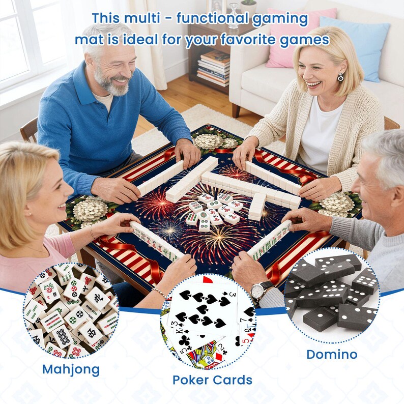 May include: A multi-functional gaming mat with a navy blue background and a fireworks design. The mat is being used for Mahjong, poker cards, and dominoes. The text on the mat says "This multi - functional gaming mat is ideal for your favorite games."