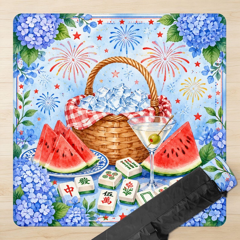 May include: A picnic blanket with a watercolor design featuring a picnic basket filled with ice, watermelon slices, a martini, and mahjong tiles. The background has fireworks, stars, and blue hydrangea flowers.
