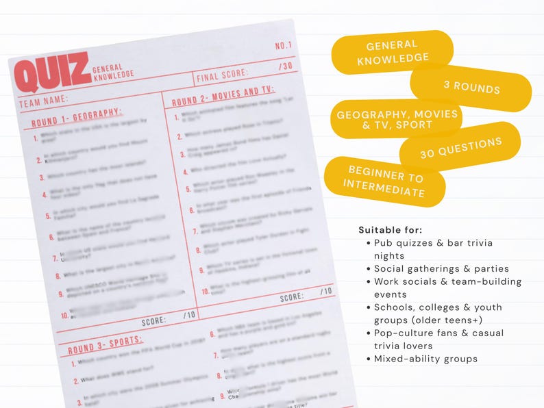 Printable General Trivia Questions General Knowledge Quiz - Printable PDF - With Answers - 30 Questions ...