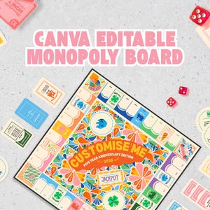 Pode incluir: Um conjunto de jogo de tabuleiro editável Canva com um tabuleiro quadrado com um padrão floral colorido, o texto "CUSTOMISE ME FIVE YEAR ANNIVERSARY EDITION 2026" e "JACKPOT". Inclui dinheiro de papel, cartas de jogo e dois dados vermelhos.