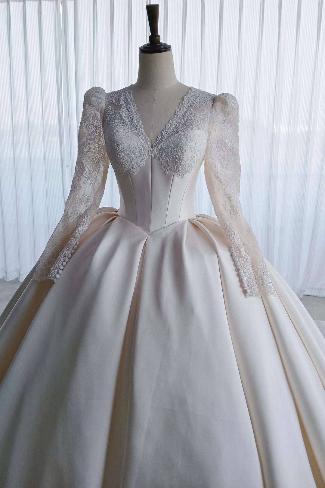 Lace Satin Ball Gown Wedding Dress With Long Sleeve LVB2690 - Etsy