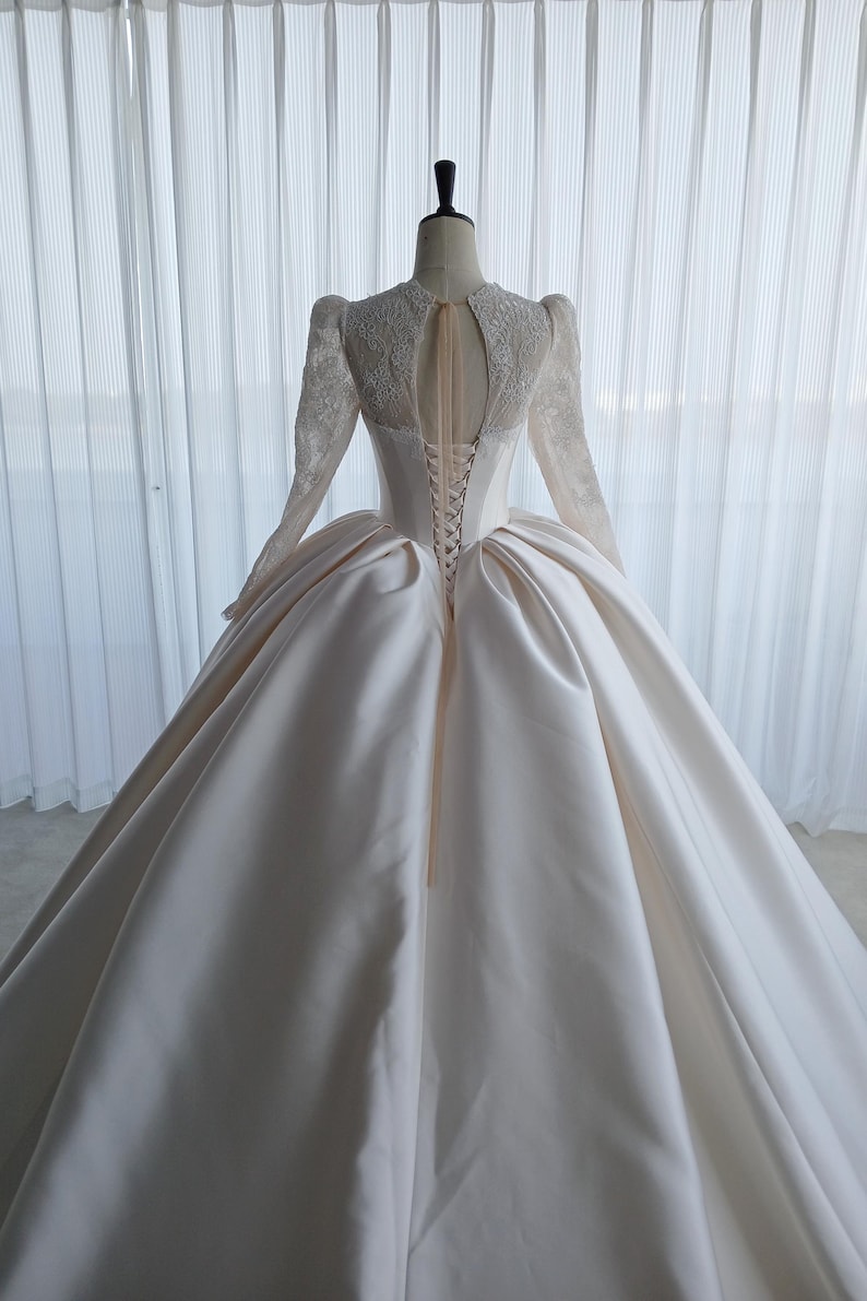 Lace Satin Ball Gown Wedding Dress With Long Sleeve LVB2690 - Etsy