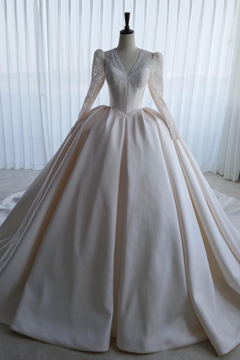 Lace Satin Ball Gown Wedding Dress With Long Sleeve LVB2690 - Etsy