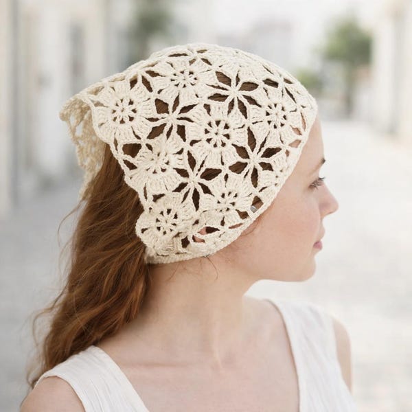 Pañuelo de ganchillo, pañuelo triangular, bufanda de encaje para la cabeza, accesorio para el cabello de algodón, estilo cottagecore, algodón hecho a mano