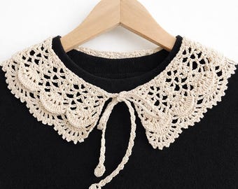 Gehaakte kanten kraag Peter Pan, afneembaar halsstuk Light Academia Cottagecore