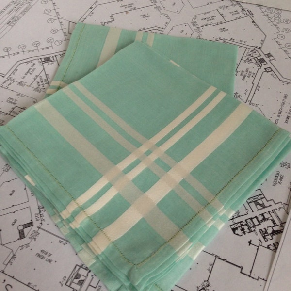 Set of 4 Vintage Light Blue / Turquoise Cloth Napkins with White Stripes