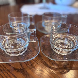 Set of 4 Italian Modernist Glass Coffee Cups & Saucers | Joe Colombo Style Stackable Glassware
