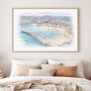 St Ives Harbour Watercolour Print, Minimalist Coastal Wall Art, Soft Pastel Seaside Illustration, Cornwall Beach Decor, Digital Download