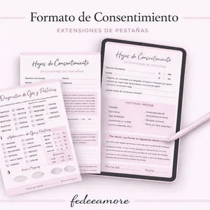 Puede incluir: Una tableta digital y dos formularios de consentimiento para extensiones de pestañas, con el texto "Formato de Consentimiento" y "EXTENSIONES DE PESTAÑAS". Los formularios son de color rosa claro con texto negro y un lápiz.