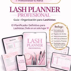 Puede incluir: Una guía rosa y blanca de Lash Planner Professional para artistas de pestañas. La imagen incluye una tableta, un teléfono y cuadernos con el texto "Lash Planner Professional". El planificador incluye formularios, registros de clientes y seguimiento de inventario.