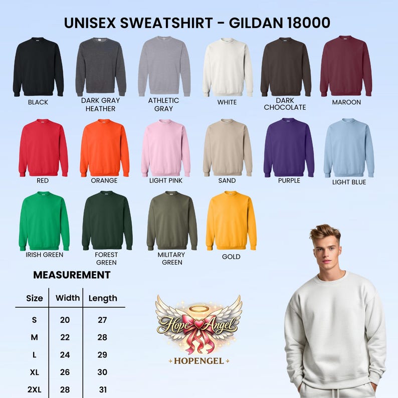 Może przedstawiać: Prezentacja bluz unisex Gildan 18000 w r&oacute;żnych kolorach, takich jak czarny, szary, biały, czerwony, pomarańczowy i zielony. Obraz zawiera r&oacute;wnież tabelę rozmiar&oacute;w z wymiarami w cm i logo "Hope Angel".