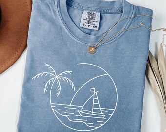 Comfort Colors Sun Ocean Shirt - Linear Graphic Boho Summer T Shirt - Trendy Beach Tee - Cute Minimalist Summer Tee