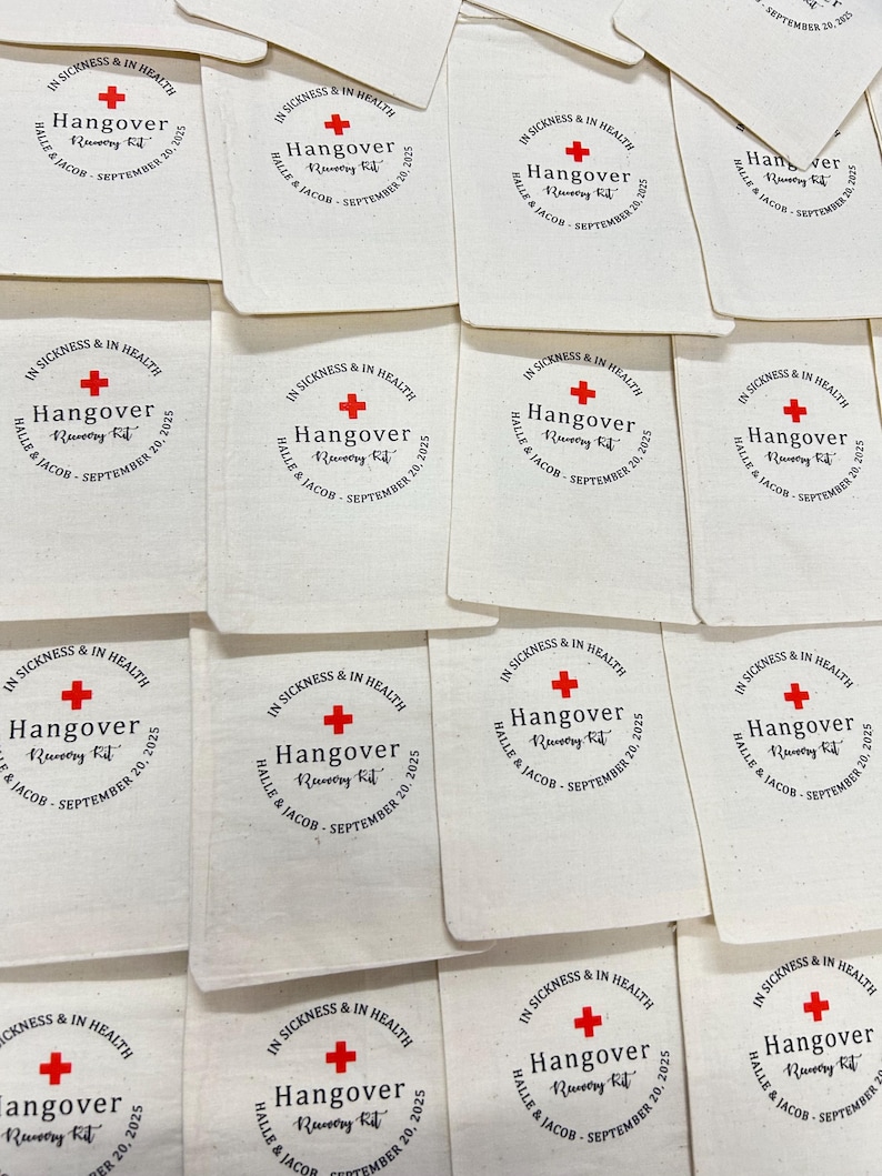 May include: Off-white fabric pouches with a circular design featuring the words "In Sickness & In Health" and "Hangover Recovery Kit." A red cross is centered above the text. The names "Halle & Jacob" and the date "September 20, 2025" are also included.