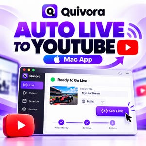Könnte beinhalten: Eine digitale Benutzeroberfläche für die Quivora Mac App mit einer Auto Live to YouTube-Funktion. Der Bildschirm zeigt ein Ready to Go Live-Dashboard mit einem Feld für den Stream-Titel, einer öffentlichen Einstellung und einem lila Go Live-Button.