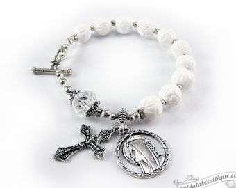 Our Lady of Lourdes rosary bracelet white rosary one decade rosaries Catholic Rosary Confirmation gifts Catholic bracelet rosary pocket