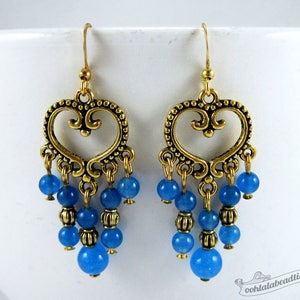 Blue chandelier earrings gold earrings birthstone jewelry boho earrings gypsy long earrings hippie statement earrings blue gift for wife image 1