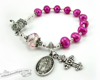 Fuchsia Miraculous Medal rosary bracelet pink rosary one decade rosaries catholic chaplet holy rosary fuchsia catholic gift catholic jewelry